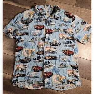 Joe Marlin Classic Car Short Sleeve Blue Button Up Hawaiian Shirt XL